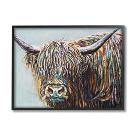 Whimsical Rainbow Hair Woolly Highland Cattle Portrait 20" x 16" Black Framed Wall Art