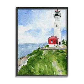 Beach Cliff Lighthouse Ocean Overlook Landscape 30" x 24" Black Framed Wall Art