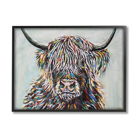 Country Cattle Wooly Highland Portrait Rainbow Hair 14" x 11" Black Framed Wall Art