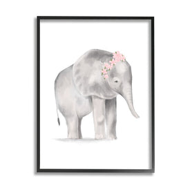 Floral Crown Baby Elephant Soft Pink Gray Illustration 20" x 16" Black Framed Wall Art
