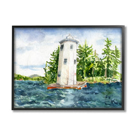 Cove Side Lighthouse Rustic Lake Landscape 30" x 24" Black Framed Wall Art
