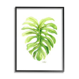Monstera Leaf Tropical Plant Over White 30" x 24" Black Framed Wall Art