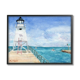 Boardwalk Leading to Lighthouse Seaside Landscape 20" x 16" Black Framed Wall Art