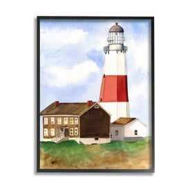 Nautical Red Striped Lighthouse Coastal Cliff Architecture 30" x 24" Black Framed Wall Art