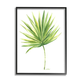 Tropical Green Palm Fan Minimal on White 30" x 24" Black Framed Wall Art