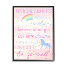Unicorn Rules Happiness Rainbow Pink Sky 20" x 16" Black Framed Wall Art