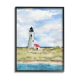Lighthouse on Peninsula Soft Coastal Landscape 30" x 24" Black Framed Wall Art