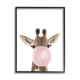 Baby Giraffe with Pink Bubble Gum Safari Animal 30" x 24" Black Framed Wall Art