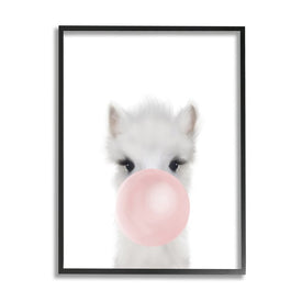 Baby Woodland Alpaca with Pink Bubble Gum 30" x 24" Black Framed Wall Art