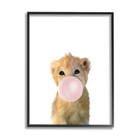 Baby Lion with Pink Bubble Gum Jungle Animal 30" x 24" Black Framed Wall Art