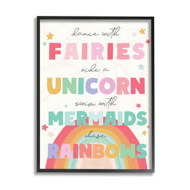 Fairies Unicorns Mermaids and Rainbows Whimsical Design 14" x 11" Black Framed Wall Art