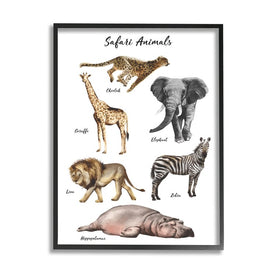 Safari Animal Chart Playful Watercolor Illustrations 14" x 11" Black Framed Wall Art