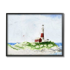 Red Striped Lighthouse on Coastal Cliff 20" x 16" Black Framed Wall Art