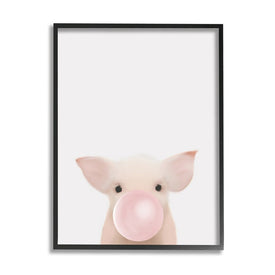 Baby Farm Piglet with Pink Bubble Gum 20" x 16" Black Framed Wall Art