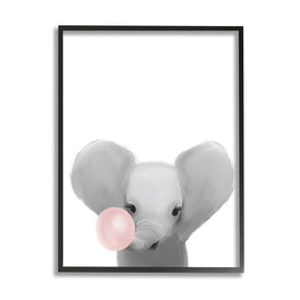 Baby Elephant with Pink Bubble Gum Safari Animal 14" x 11" Black Framed Wall Art