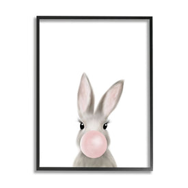 Bunny with Pink Bubble Gum Forest Animal 20" x 16" Black Framed Wall Art