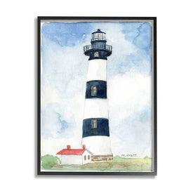 Black Striped Lighthouse with Quaint Cabin 20" x 16" Black Framed Wall Art