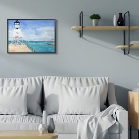 Boardwalk Leading to Lighthouse Seaside Landscape 30" x 24" Black Framed Wall Art