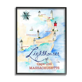 Coastal Map of Cape Cod Massachusetts Lighthouses 20" x 16" Black Framed Wall Art