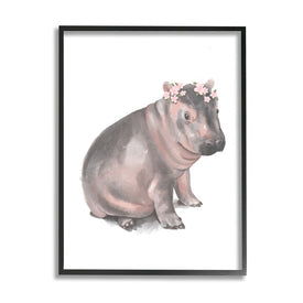 Floral Crown Baby Hippo Soft Animal Illustration 14" x 11" Black Framed Wall Art