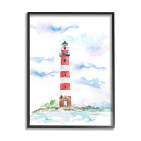 Red Stripe Lighthouse Soft Coastal Landscape 30" x 24" Black Framed Wall Art