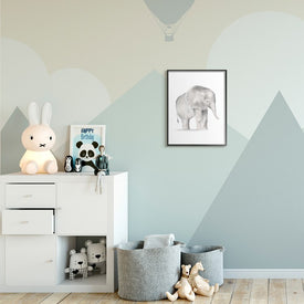 Standing Baby Elephant Soft Gray Illustration 20" x 16" Black Framed Wall Art