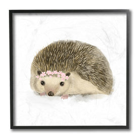 Cute Floral Crown Hedgehog Nursery Woodland Animal 12" x 12" Black Framed Wall Art