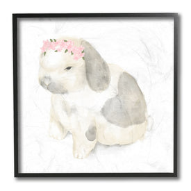 Floral Crown Baby Bunny Soft Animal Illustration 12" x 12" Black Framed Wall Art