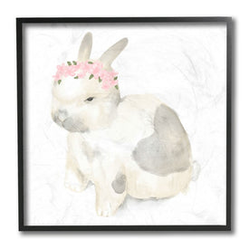 Sleepy Floral Crown Bunny Illustration Nursery Animal 12" x 12" Black Framed Wall Art