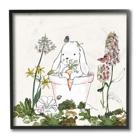 Bunny in Flower Pot Lilac Florals Blooming 12" x 12" Black Framed Wall Art