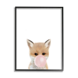 Baby Red Fox with Pink Bubble Gum Woodland Animal 14" x 11" Black Framed Wall Art