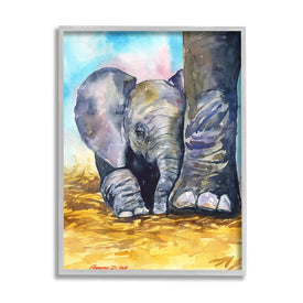 Baby Elephant at Feet Portrait Vibrant Blue Yellow 14" x 11" Gray Framed Wall Art