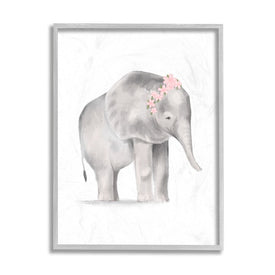 Floral Crown Baby Elephant Soft Pink Gray Illustration 20" x 16" Gray Framed Wall Art