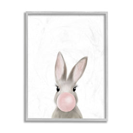 Bunny with Pink Bubble Gum Forest Animal 20" x 16" Gray Framed Wall Art