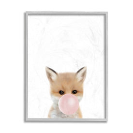 Baby Red Fox with Pink Bubble Gum Woodland Animal 14" x 11" Gray Framed Wall Art