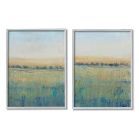 Sunset Open Meadow Soft Green Floral Field 20" x 16" Gray Framed Wall Art Two-Piece Set