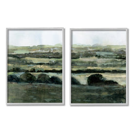 Deep Green Countryside Hills Abstract Landscape 20" x 16" Gray Framed Wall Art Two-Piece Set