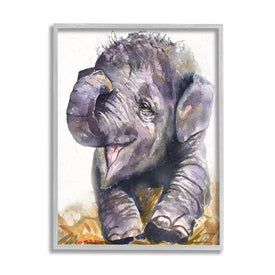Baby Elephant Yawning Adorable Safari Animal Portrait 20" x 16" Gray Framed Wall Art