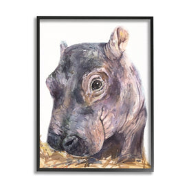 Baby Hippo Portrait Adorable Gray Safari Animal 30" x 24" Black Framed Wall Art