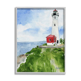 Beach Cliff Lighthouse Ocean Overlook Landscape 14" x 11" Gray Framed Wall Art