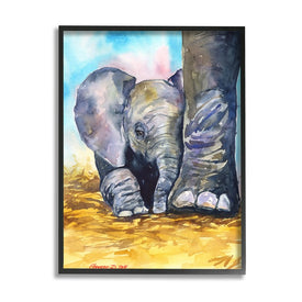 Baby Elephant at Feet Portrait Vibrant Blue Yellow 30" x 24" Black Framed Wall Art