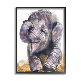 Baby Elephant Yawning Adorable Safari Animal Portrait 30" x 24" Black Framed Wall Art