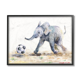 Elephant Baby Playing Soccer Adorable Jungle Animal 20" x 16" Black Framed Wall Art
