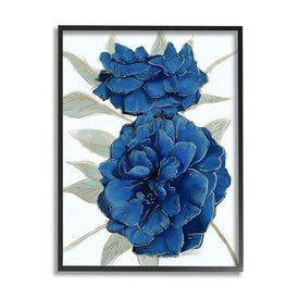 Bold Blue Carnation Florals Gold Line Detail 30" x 24" Black Framed Wall Art