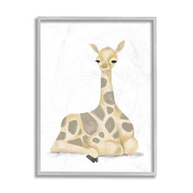 Baby Giraffe Resting Soft Yellow Brown Illustration 14" x 11" Gray Framed Wall Art