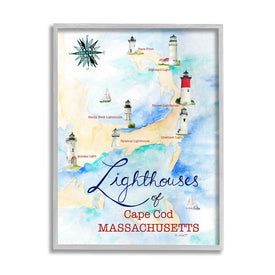 Coastal Map of Cape Cod Massachusetts Lighthouses 14" x 11" Gray Framed Wall Art