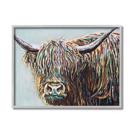 Whimsical Rainbow Hair Woolly Highland Cattle Portrait 14" x 11" Gray Framed Wall Art