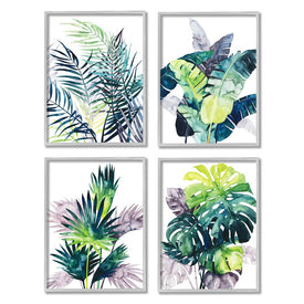 Various Tropical Palm Fans Green Blue Plants 20" x 16" Gray Framed Wall Art Four-Piece Set