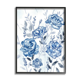 Blue Rose Garden Abstract Toile Florals 20" x 16" Black Framed Wall Art