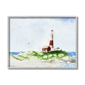 Red Striped Lighthouse on Coastal Cliff 14" x 11" Gray Framed Wall Art